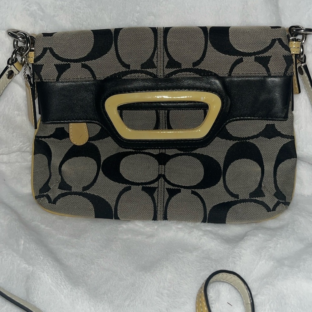 Coach Black and Tan Crossbody Bag with Signature Pattern EUC